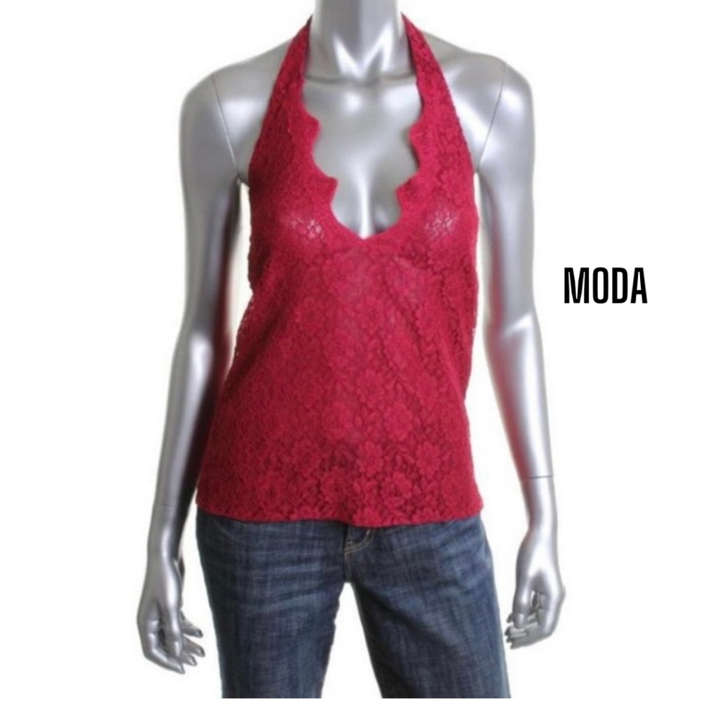 Moda NEW Red-Pink Lace V-Neck Top, size L